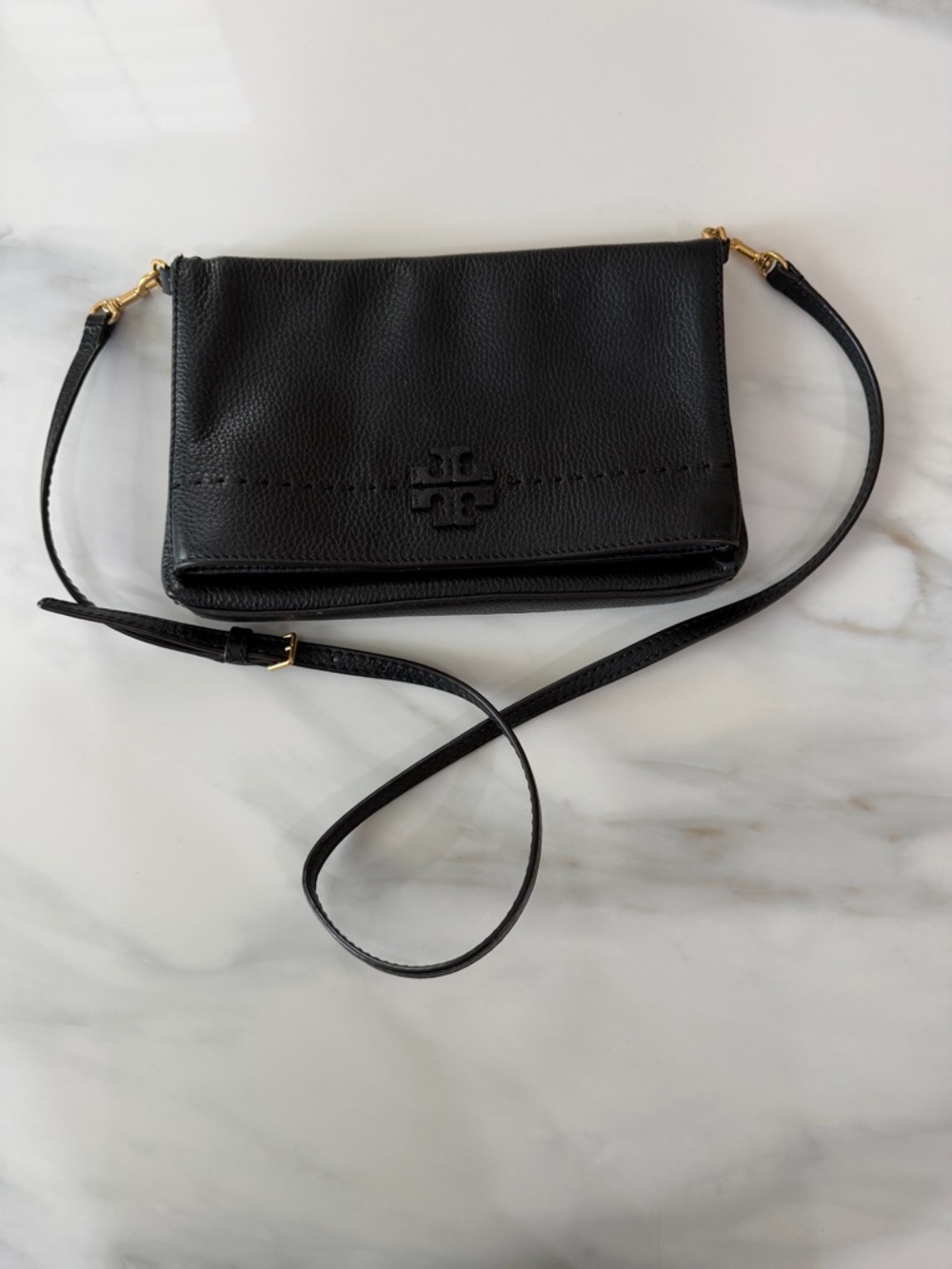 Tory Burch Black Pebbled Leather Logo Crossbody
